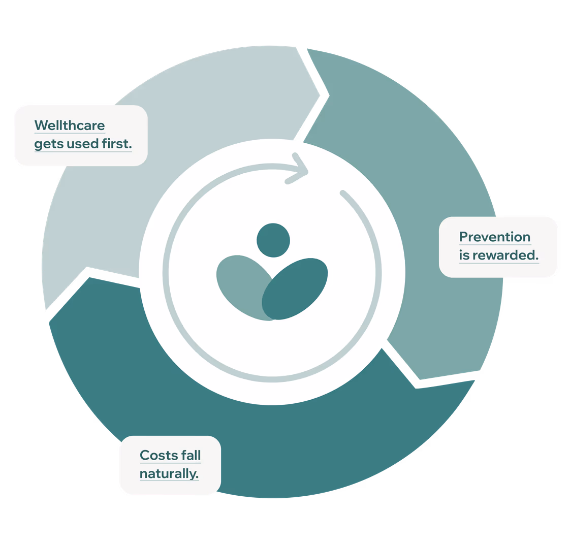 A cycle: WellthCare gets used first, prevention is rewarded, costs fall naturally.